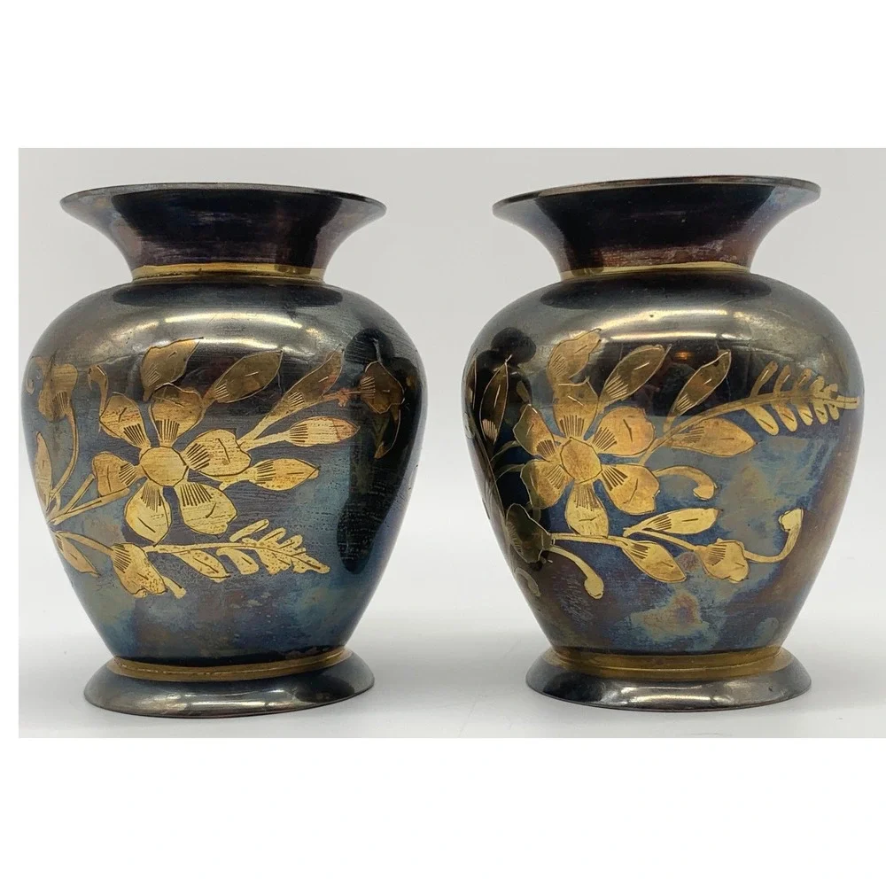 2 Vintage Brass Bud Vases Blue Gold Etched Floral India Small Footed MCM Pair